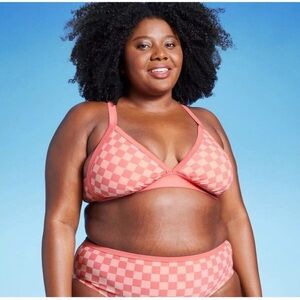 Kona Sol Two Piece Bikini Swimsuit Checkerboard Print Peach 16W / 18W